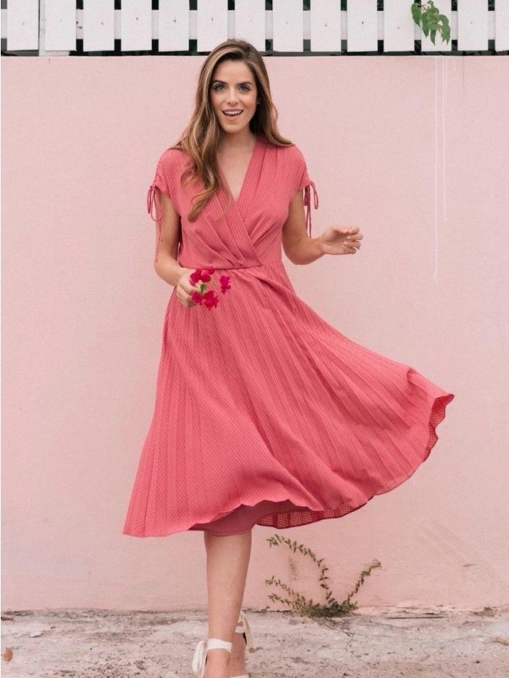 Gal Meets Glam Coral Pink Wrap Midi Dress with Tie Sleeves